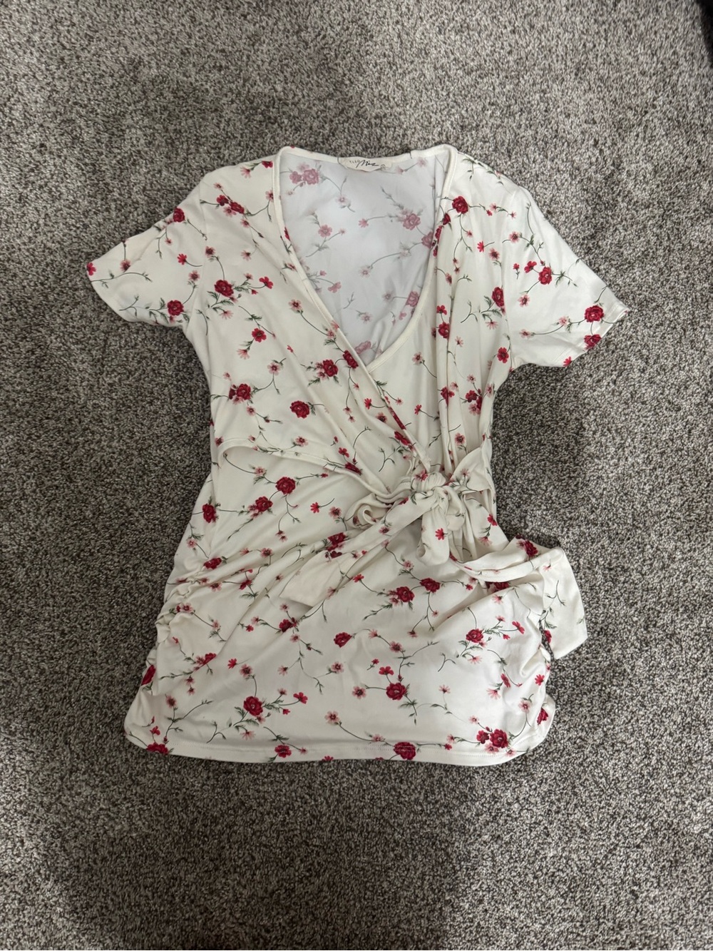 Pinkblush Cream Wrap Top with Red Floral Print